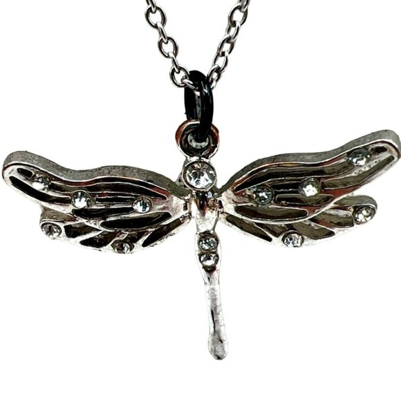 Silver Tone Dragonfly Pendant Necklace With Rhinestones    M75 - Picture 3 of 8
